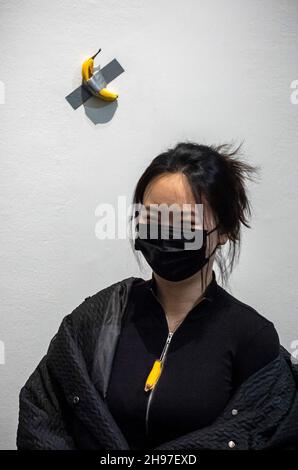 Beijing, China. 05th Dec, 2021. Banana taped to the wall at Maurizio Cattelan The Last Judgment art exhibition in UCCA Center for Contemporary Art in Beijing, China on 05/12/2021 by Wiktor Dabkowski Credit: dpa/Alamy Live News Stock Photo