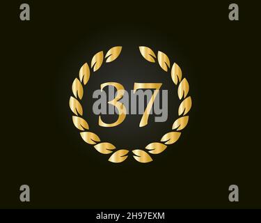 37th Anniversary Ring Logo Template. 37th Years Anniversary Logo With Golden Ring Isolated On Black Background, For Birthday, Anniversary And Company Stock Vector