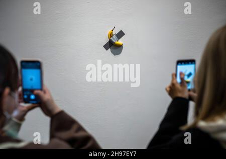 Beijing, China. 05th Dec, 2021. Banana taped to the wall at Maurizio Cattelan The Last Judgment art exhibition in UCCA Center for Contemporary Art in Beijing, China on 05/12/2021 by Wiktor Dabkowski Credit: dpa/Alamy Live News Stock Photo