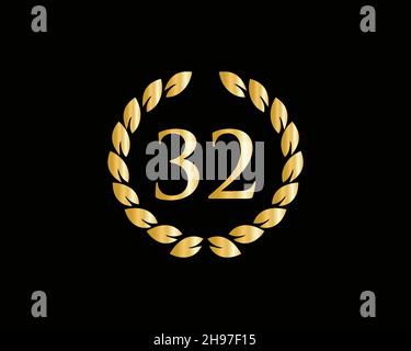 32 Years Anniversary Ring Logo Template. 32 Years Anniversary Logo With Golden Ring Isolated On Black Background, For Birthday, Anniversary Stock Vector