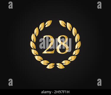 28th Anniversary Ring Logo Template. 28th Years Anniversary Logo With Golden Ring Isolated On Black Background, For Birthday, Anniversary And Company Stock Vector