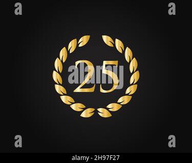 25th Anniversary Ring Logo Template. 25th Years Anniversary Logo With Golden Ring Isolated On Black Background, For Birthday, Anniversary And Company Stock Vector