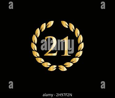 21 Years Anniversary Ring Logo Template. 21 Years Anniversary Logo With Golden Ring Isolated On Black Background, For Birthday, Anniversary Stock Vector
