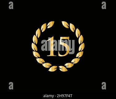 15th Anniversary Ring Logo Template. 15th Years Anniversary Logo With Golden Ring Isolated On Black Background, For Birthday, Anniversary And Company Stock Vector