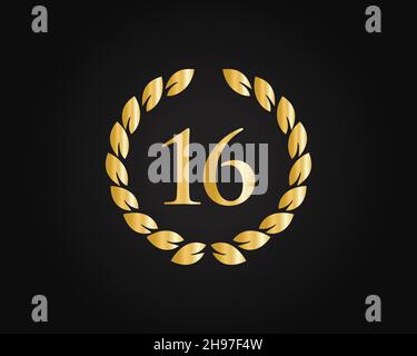 16th Anniversary Ring Logo Template. 16th Years Anniversary Logo With Golden Ring Isolated On Black Background, For Birthday, Anniversary And Company Stock Vector