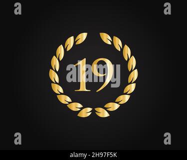 19th Anniversary Ring Logo Template. 19th Years Anniversary Logo With Golden Ring Isolated On Black Background, For Birthday, Anniversary And Company Stock Vector