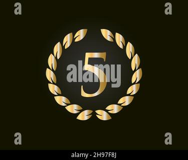 5th Year Anniversary Vector Template Design. 5th Years Anniversary Logo With Golden Ring Isolated On Black Background, For Birthday, Anniversary Stock Vector