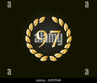 97th Anniversary Ring Logo Template. 97th Years Anniversary Logo With Golden Ring Isolated On Black Background, For Birthday, Anniversary And Company Stock Vector