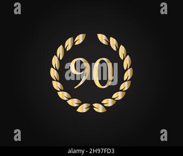 90th Anniversary Ring Logo Template. 90th Years Anniversary Logo With Golden Ring Isolated On Black Background, For Birthday, Anniversary And Company Stock Vector