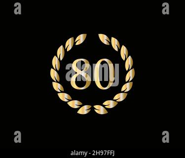80th Years Anniversary Ring Logo Template. 80th Years Anniversary Logo With Golden Ring Isolated On Black Background, For Birthday, Anniversary Stock Vector