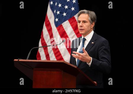 RIGA, LATVIA - 30 November 2021 - US Secretary of State Antony J Blinken holds a Meet and Greet with staff at the U.S. Embassy in Riga, Latvia, on Nov Stock Photo