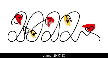 2022 holiday handwritten lettering with decoration in the form of hearts and tulips on a white background with color spots. Design and lettering For New Year cards and greetings in a minimalist style. Vector illustration Stock Vector