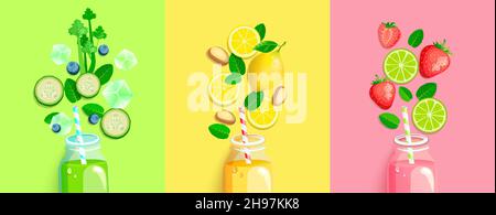 Drinks with fresh fruits,vegetables,berries. Stock Vector