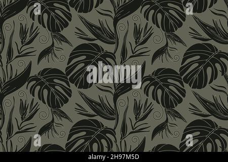 Vector floral seamless tropical pattern. Black twigs and leaves isolated on a khaki colored background.  Stock Vector