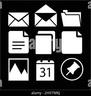 Dashed line vector icons set isolated over black background. Icons vector illustration, vector icons collection, outline. Office icons Stock Vector