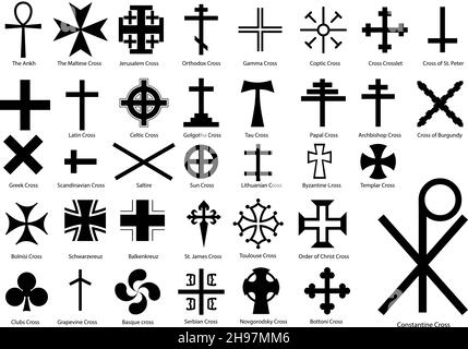 A vector set of different kind of crosses isolated on a white background. Each cross illustration is entitled. Stock Vector