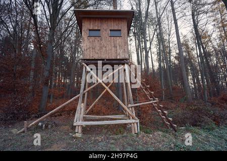 Stand for hunting (hochsitz, jägersitz, hochstand) at the edge of the forest. early in the morning with trees and leaves. Stock Photo