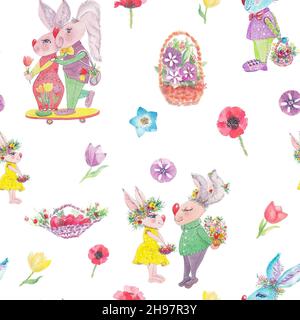 Easter seamless pattern with watercolor, Easter bunnies, basket, flowers on a white background. Stock Photo