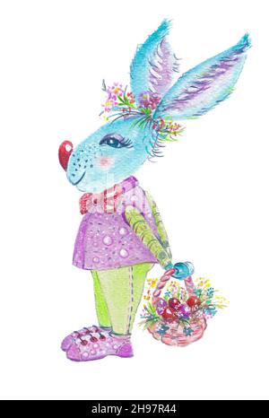 Easter bunny with a basket of flowers watercolor Stock Photo