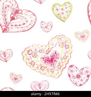 watercolor heart pattern on white background. hearts of red shades Stock Photo