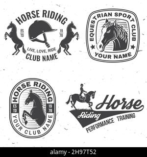 Set of Horse riding sport club badges, patches, emblem, logo. Vector illustration. Vintage monochrome equestrian label with rider and horse Stock Vector