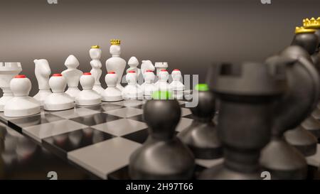 A 3D illustration of chessboard pieces in starting position against a gray background Stock Photo