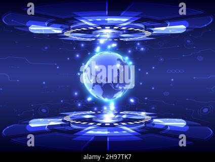 Portal and Globe hologram science futuristic. Sci-fi digital hi-tech in glowing HUD projector. Magic gate in game fantasy. Circle teleport podium. GUI Stock Vector