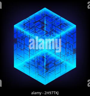 Bright and energy box. Light geometry. Smart code. Big data. Digital chip. Glare grid lines. Glow 3D cubes. CPU core. Abstract technology background. Stock Vector