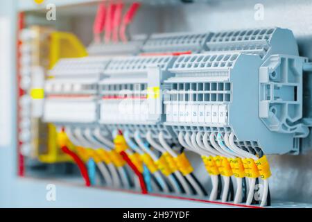 New wiring and automatic machines in the electrical panel. Live wires close up. Background for electrical services Stock Photo