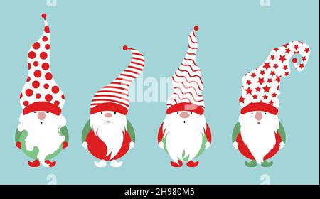 Set of Christmas Gnome, Scandinavian Nordic Gnome, Cute Christmas Santa Gnome Elf. Vector Illustration isolated on blue background. Xmas elements Stock Vector