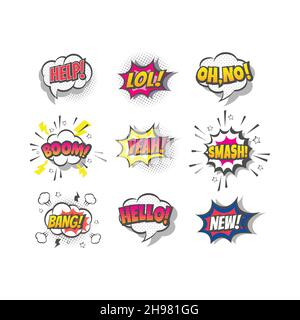 Comic cartoon lettering, pop art style.Lol, boom, bang and smash star explosion with halftone and speech bubble. Stock Vector