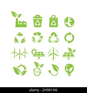 Green energy, eco friendly power vector icon set. Solar panel, wind turbine, recycled renewable symbols. Stock Vector
