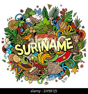 Suriname hand drawn cartoon doodle illustration. Funny local design. Creative vector background. Handwritten text with Latin American elements and obj Stock Vector