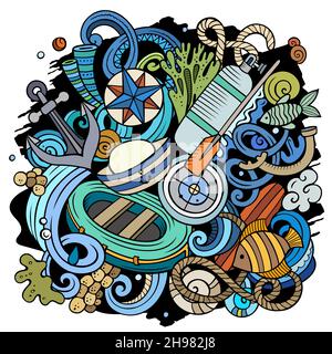 Marine hand drawn vector doodles illustration. Summer elements and objects cartoon background. Color funny picture. All items are separated Stock Vector