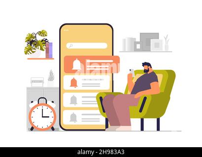 man programming time reminder alarm on smartphone screen office day planner notification schedule application Stock Vector