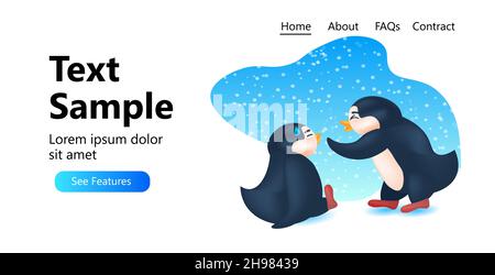 cute penguins animals standing together antarctic birds spending time together full length Stock Vector