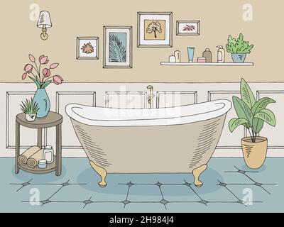 Bathroom graphic home interior color sketch illustration vector Stock Vector