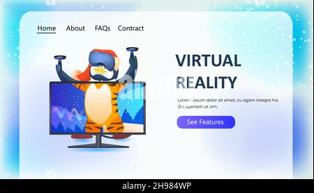 cute penguin animal wearing vr headset antarctic bird exploting virtual reality interactive services full length Stock Vector