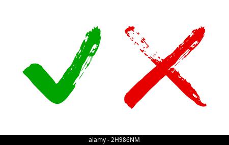 Grunge sqare checkmark box. Yes or no check mark. Red and green vector checkbox Stock Vector