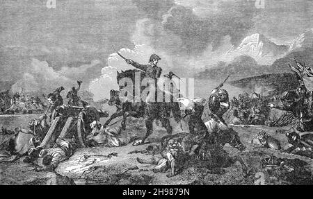 A late 19th Century illustration of  the Battle of Plassey, on the banks of the Hooghly River, a decisive victory of the British East India Company over the Nawab of Bengal and his French  allies on 23 June 1757, under the leadership of Robert Clive.  When the independent Nawab of Bengal  succeeded Alivardi Khan (his maternal grandfather) he ordered the English to stop the extension of their fortification. Clive bribed Mir Jafar, the commander-in-chief of the Nawab's army, and also promised to make him Nawab of Bengal. Clive defeated Siraj-ud-Daulah at Plassey in 1757 and captured Calcutta. Stock Photo
