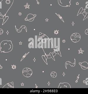 Seamless vector pattern with outlined spaceship on grey background. Decorative space wallpaper design for children. Hand drawn galaxy fashion textile. Stock Vector