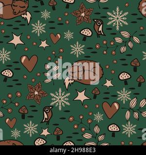 Seamless vector pattern with brown fox on green background. Simple Christmas wallpaper design with winter forest. Seasonal fashion textile. Stock Vector