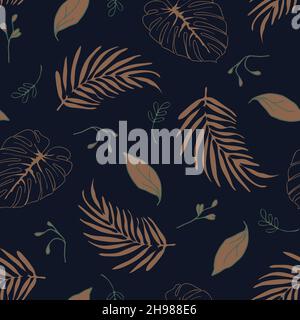 Seamless vector pattern with tropical leaves on dark blue background. Simple decorative jungle wallpaper design. Hawaii fashion textile. Stock Vector