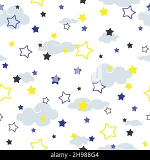Seamless vector pattern with stars and clouds on white background. Simple night sky wallpaper design for children. Baby shower fashion textile. Stock Vector