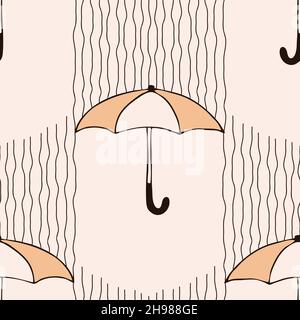 Seamless vector pattern with umbrellas on light yellow background. Simple rainy weather wallpaper design. Decorative artistic fashion textile. Stock Vector