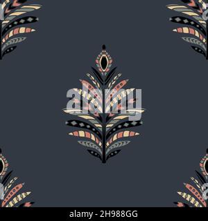 Seamless vector pattern with native feather on dark grey background. Simple tribal tile wallpaper design. Decorative Aztec fashion textile. Stock Vector