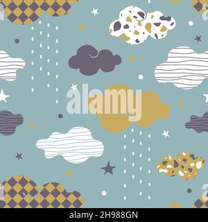 Seamless vector pattern with textured clouds on grey background. Simple rainy sky wallpaper design. Decorative weather fashion textile. Stock Vector