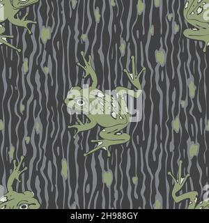 Seamless vector pattern with tree frog on textured brown background. Simple animal camouflage wallpaper design. Decorative zoo fashion textile. Stock Vector