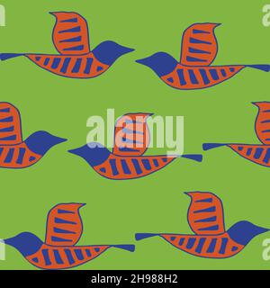 Seamless vector pattern with blue birds on green background. Simple animal wallpaper design. Dove fashion textile decoration. Stock Vector