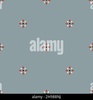 Seamless vector pattern with geometrical flower on grey background. Simple repeat floral wallpaper tile. Decorative vintage fashion textile texture. Stock Vector